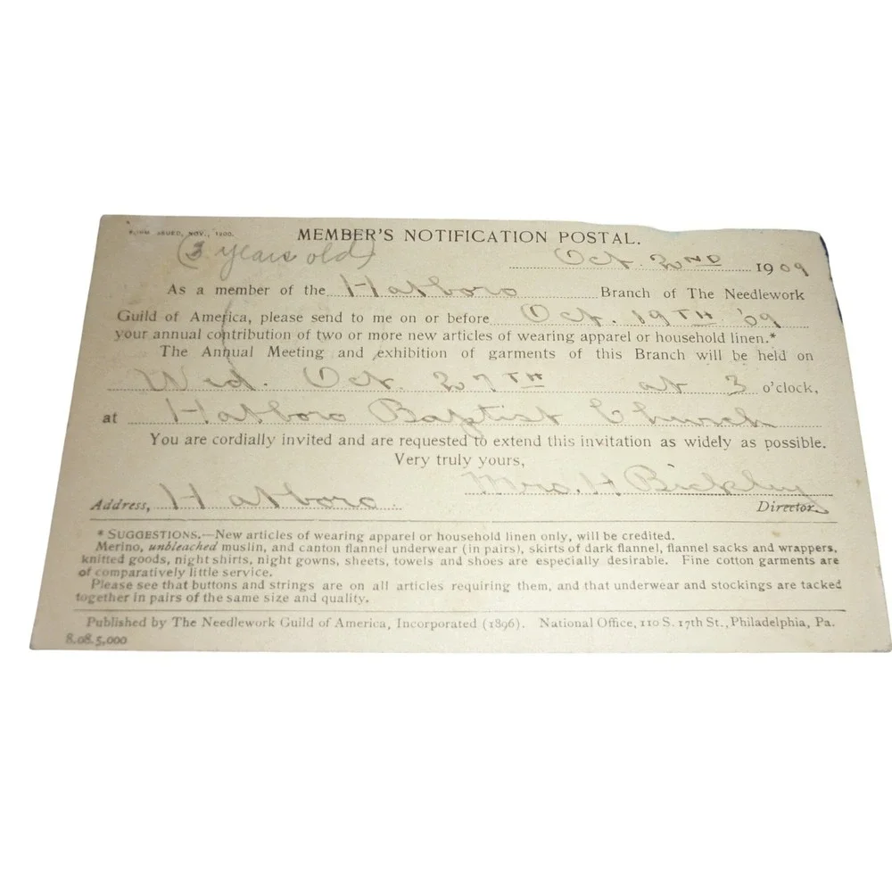1909 Needlework Guild‎ of America Antique Postal Card Hatboro PA Baptist Church